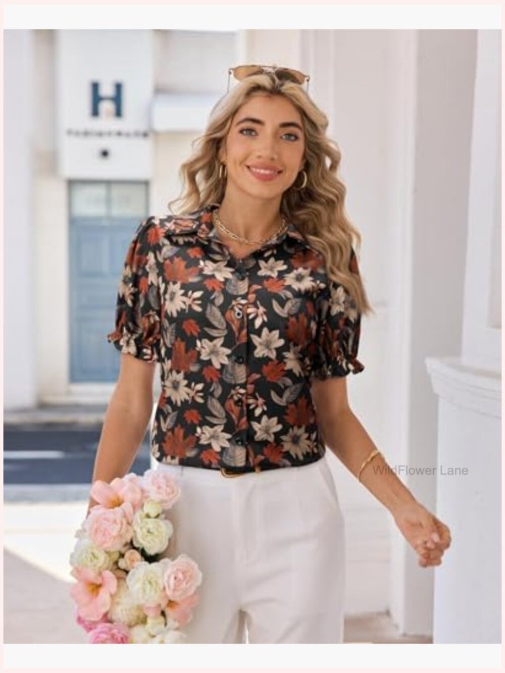 Short Sleeve Button Down Puff Sleeve Blouse Womens Casual Business Top - Picture 2 of 5
